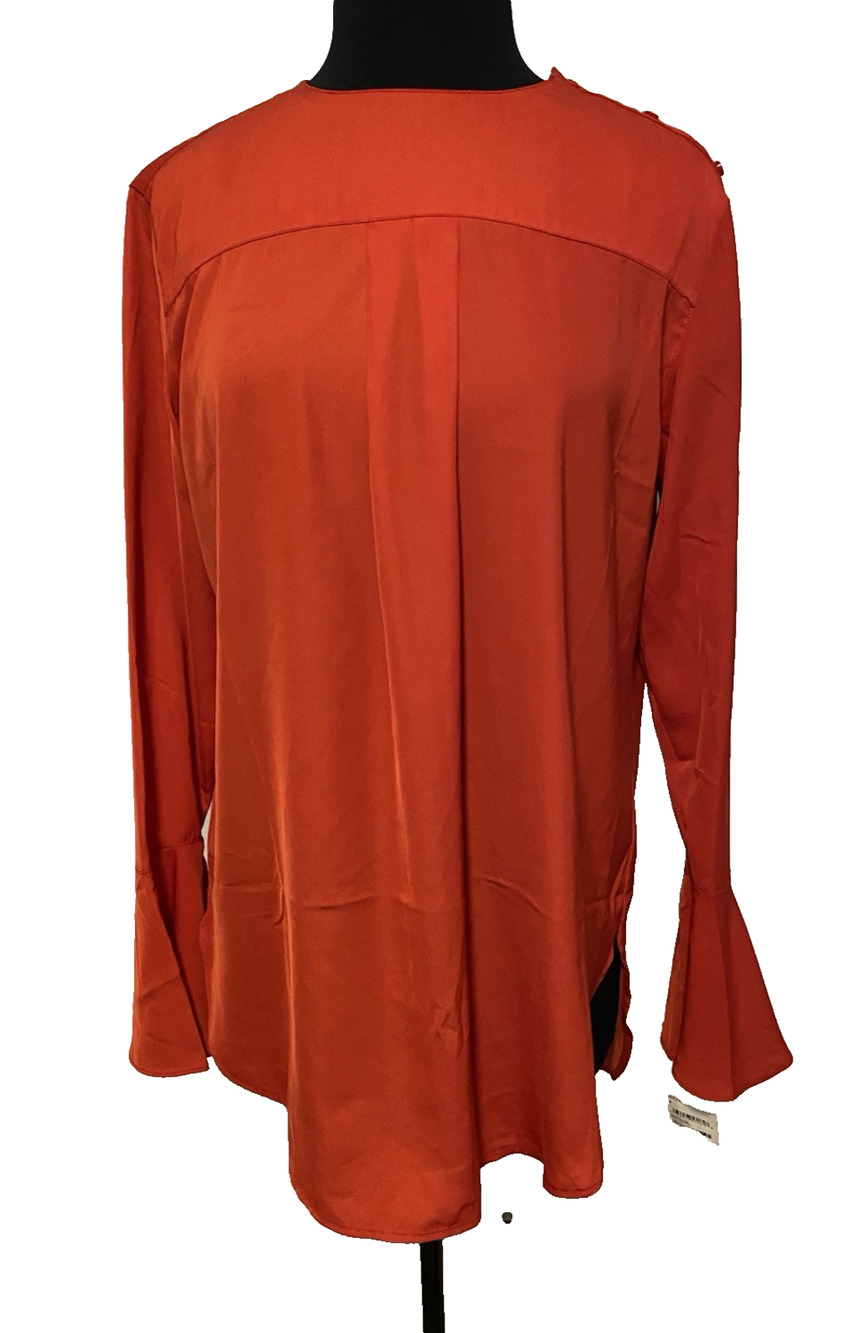 NWT Treasure Bond Womens Silky Blouse Size Small Red High Collar Office Modern